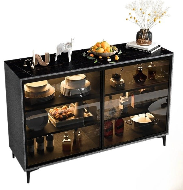 Custom Sintered Stone Sideboard with Sliding Glass Doors – Modern Luxury Cabinet with Motion Sensor Light for Kitchen & Dining