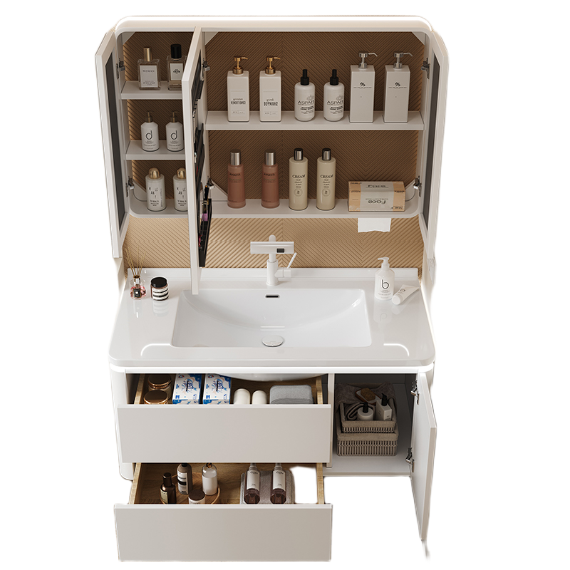 Cream-Style Oak Bathroom Vanity – Ceramic Integrated Basin Cabinet Set for Modern Bathrooms