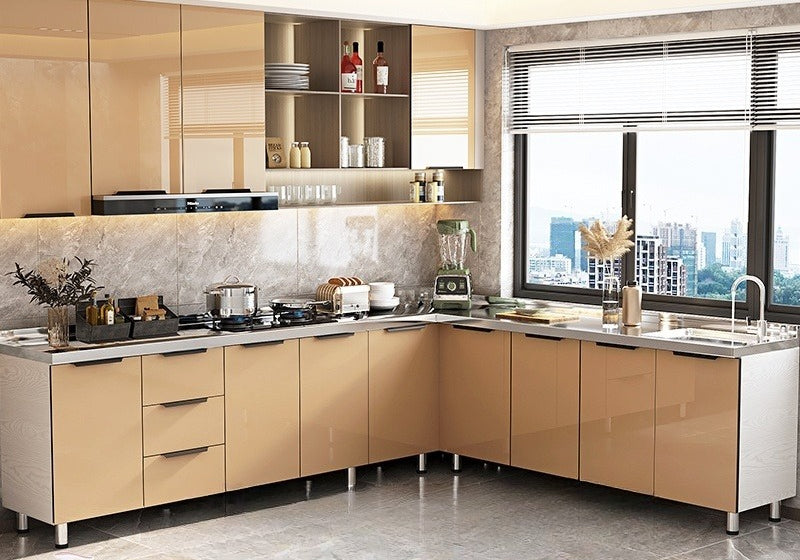 Stainless Steel Kitchen Cabinet with Integrated Stove & Pull-Out Storage for Home Use