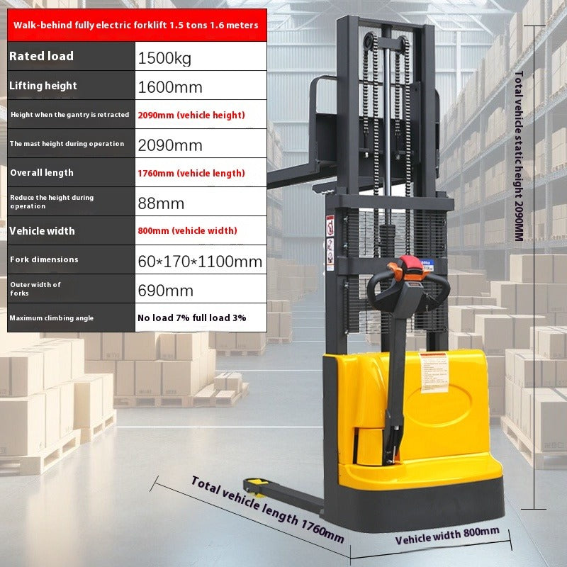 Compact Full Electric Forklift Stacker with Hydraulic Lift for Loading, Unloading & Pallet Handling