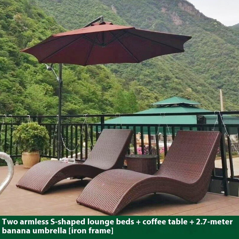 Outdoor Rattan Sun Lounger S-Shaped for Garden, Balcony, Patio, Poolside & Beach