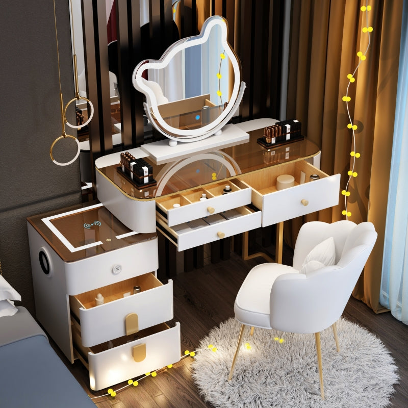 Smart Vanity Table with Wireless Charging & LED Mirror – Modern Minimalist Design, Includes Storage & Stool