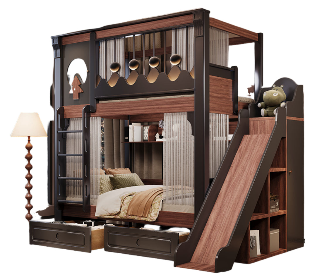 Elegant Antique-Style Bunk Bed with Bookshelf, Drawers, Staircase, and Slide - New