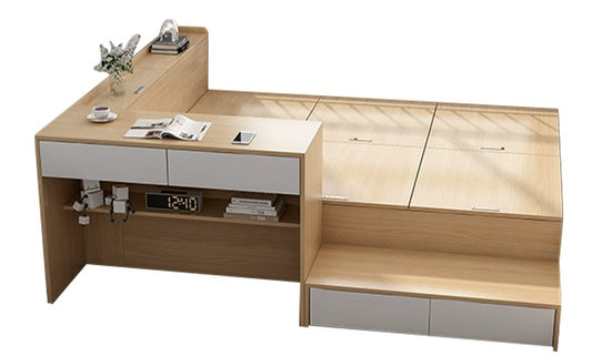 Elegant Modern Single Tatami Bed with Integrated Desk and Storage, Step Stool, and Headboard - Space-Saving Bedroom Furniture Set