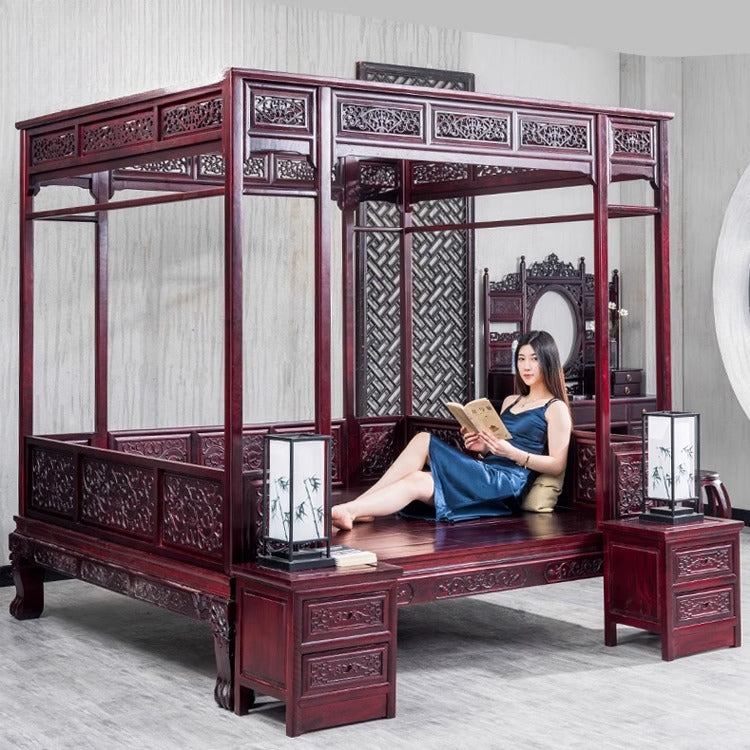 Traditional Chinese Canopy Bed – Antique-Style Carved Rosewood Step Bed in Red Pear or Wood