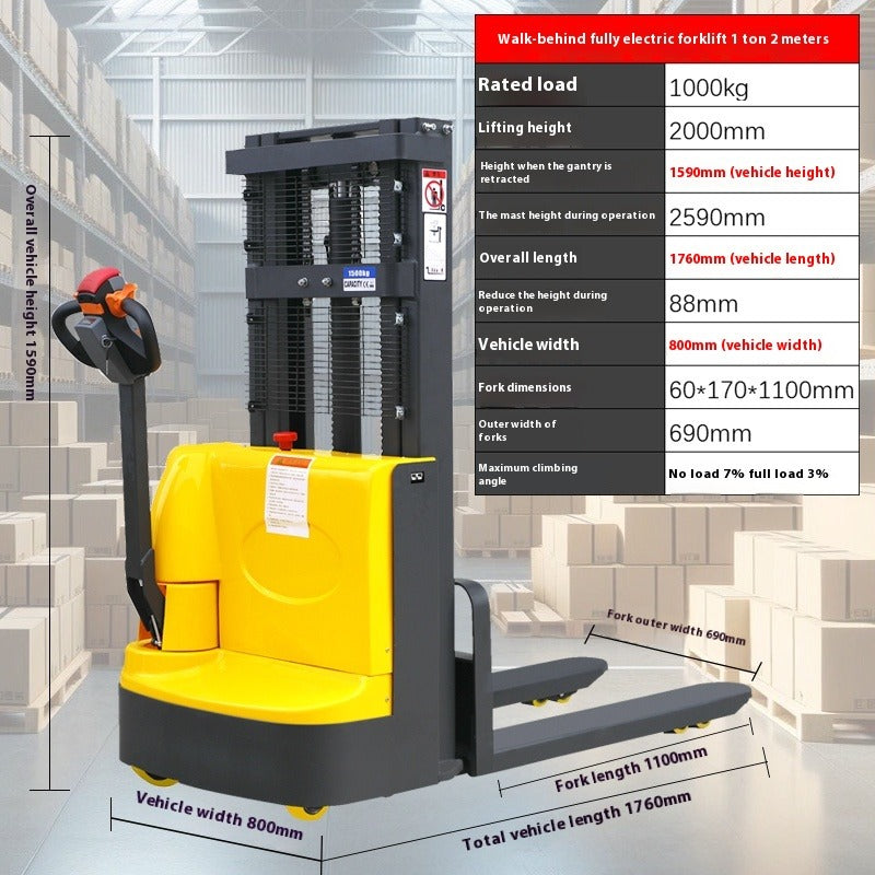 Compact Full Electric Forklift Stacker with Hydraulic Lift for Loading, Unloading & Pallet Handling