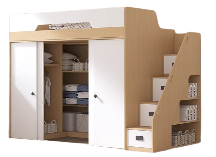 Elegant Kids High-Top Tatami Bed with Wardrobe, Desk, and Ladder Cabinet - New