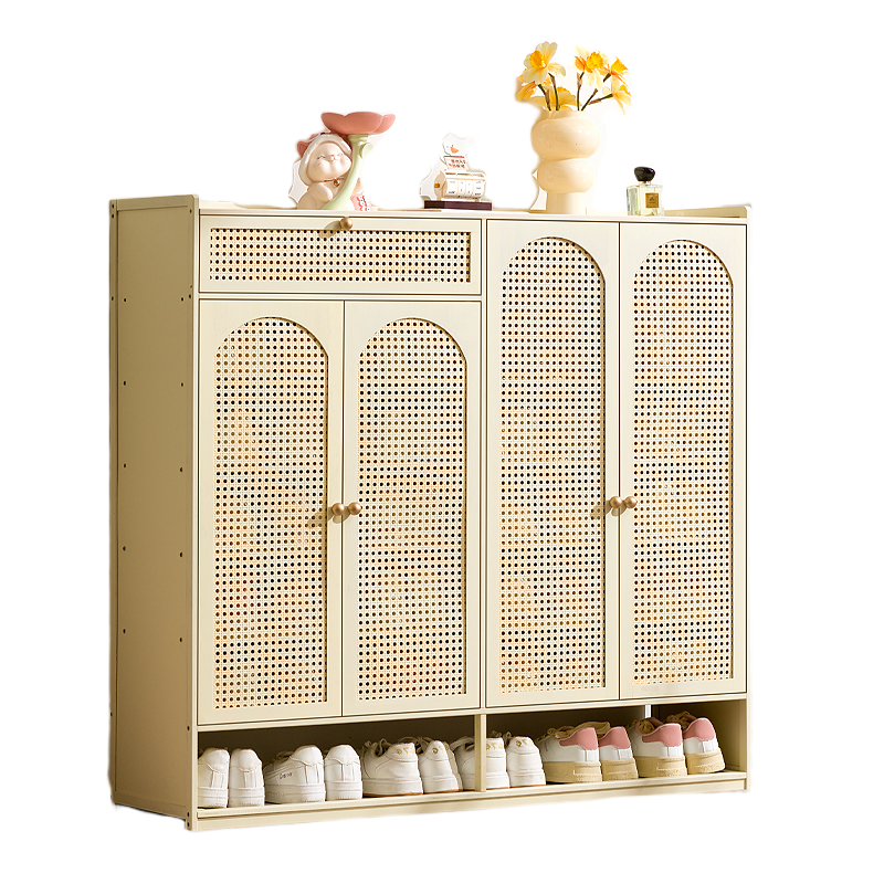 Cream-Style Entryway Shoe Cabinet – All-in-One Ventilated Storage with Mesh Doors for Living Room Divider Use