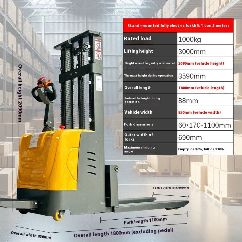 Compact Full Electric Forklift Stacker with Hydraulic Lift for Loading, Unloading & Pallet Handling