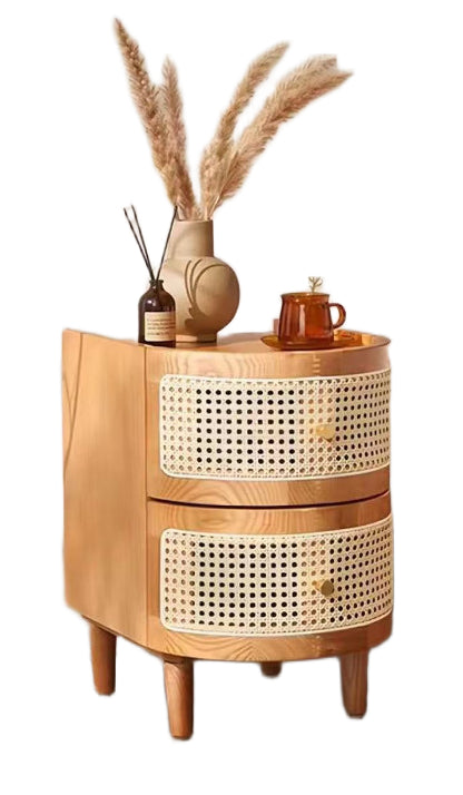Vintage Japanese-Style Bedside Table – Solid Wood Nightstand with Rattan Design for Bedroom Storage