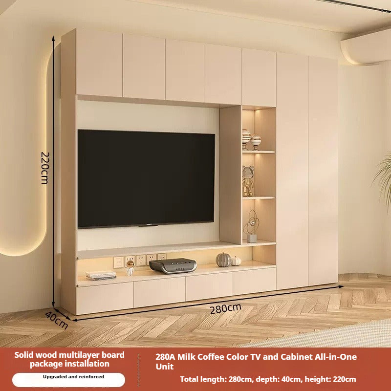 Solid Wood TV Cabinet Set – Cream-Style All-in-One Media Wall Unit with Storage for Living Room