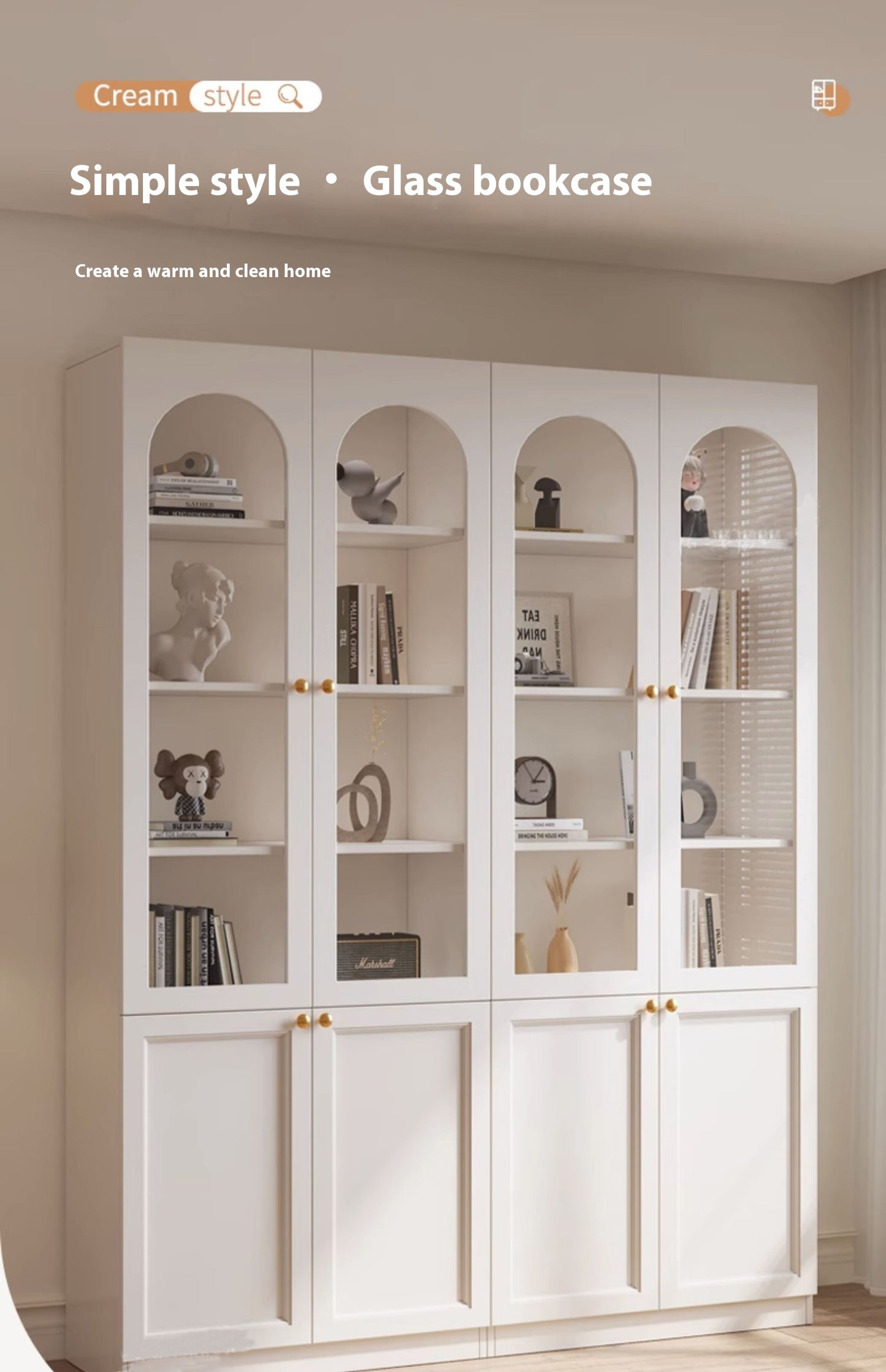 Custom Solid Wood Arched Display Cabinet – Wall-Mounted Dustproof Bookshelf with Glass Doors for Living Room