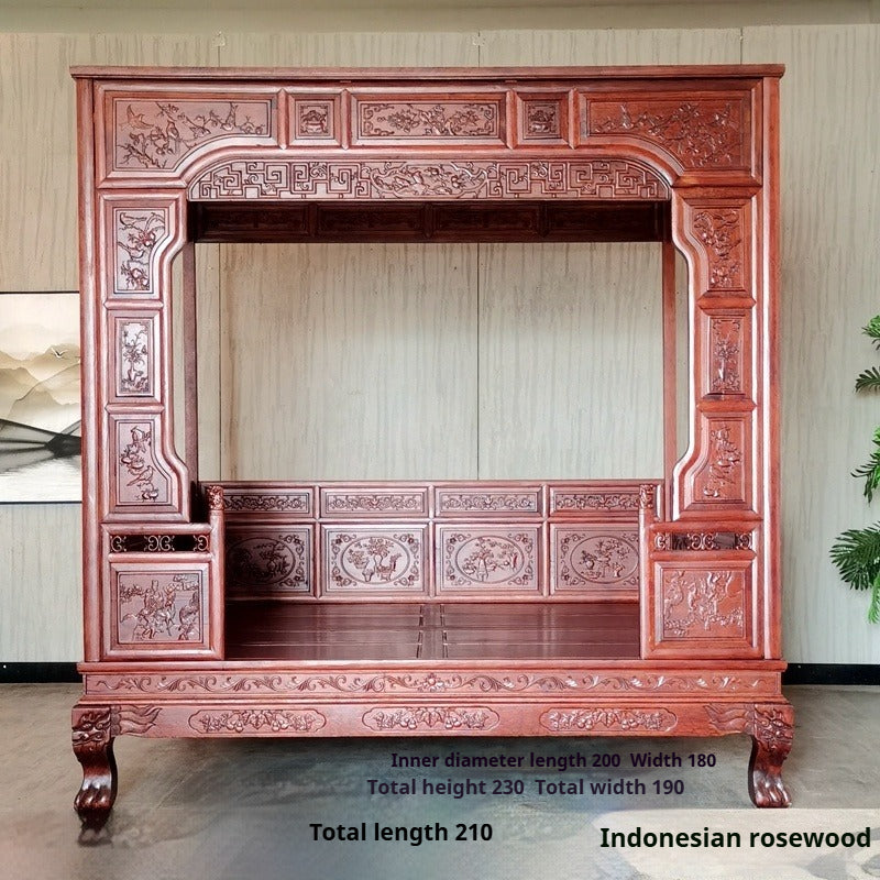 Traditional Chinese Canopy Bed – Antique-Style Carved Rosewood Step Bed in Red Pear or Wood
