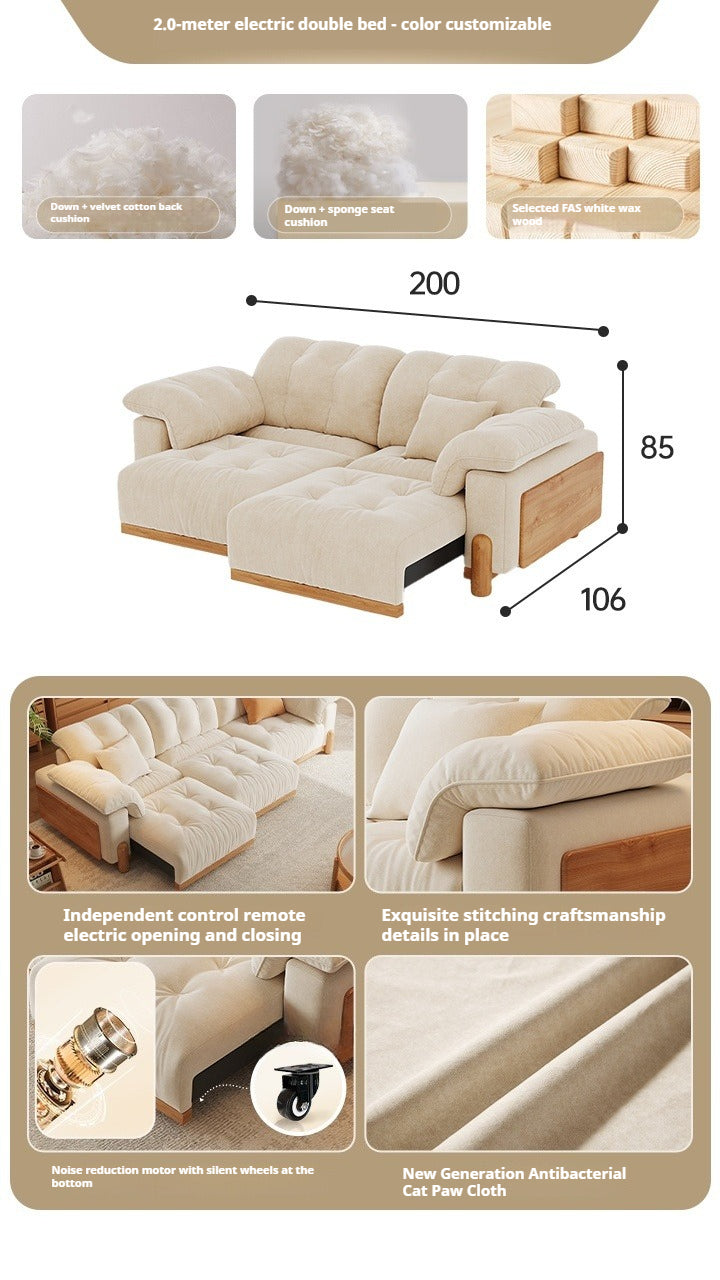 Electric Extendable Fabric Sofa Bed in Japandi Cream Style with Wood Frame for Small Living Rooms
