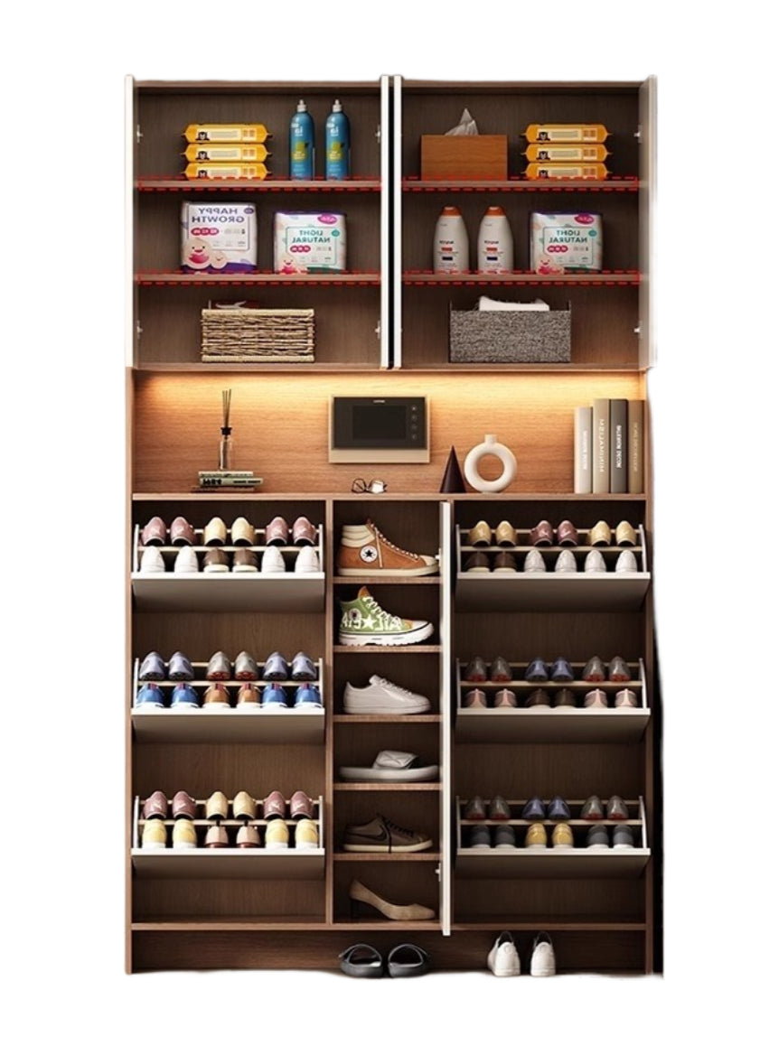Custom Solid Wood Slim Flip-Drawer Shoe Cabinet – Tall Wall-Mounted Entryway Unit for Home
