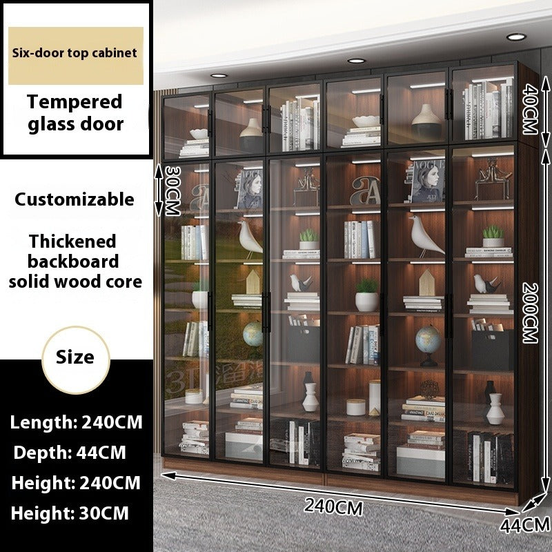 Custom Full-Wall Solid Wood Bookshelf – Floor-to-Ceiling Display Cabinet with Glass & Solid Doors for Study Room