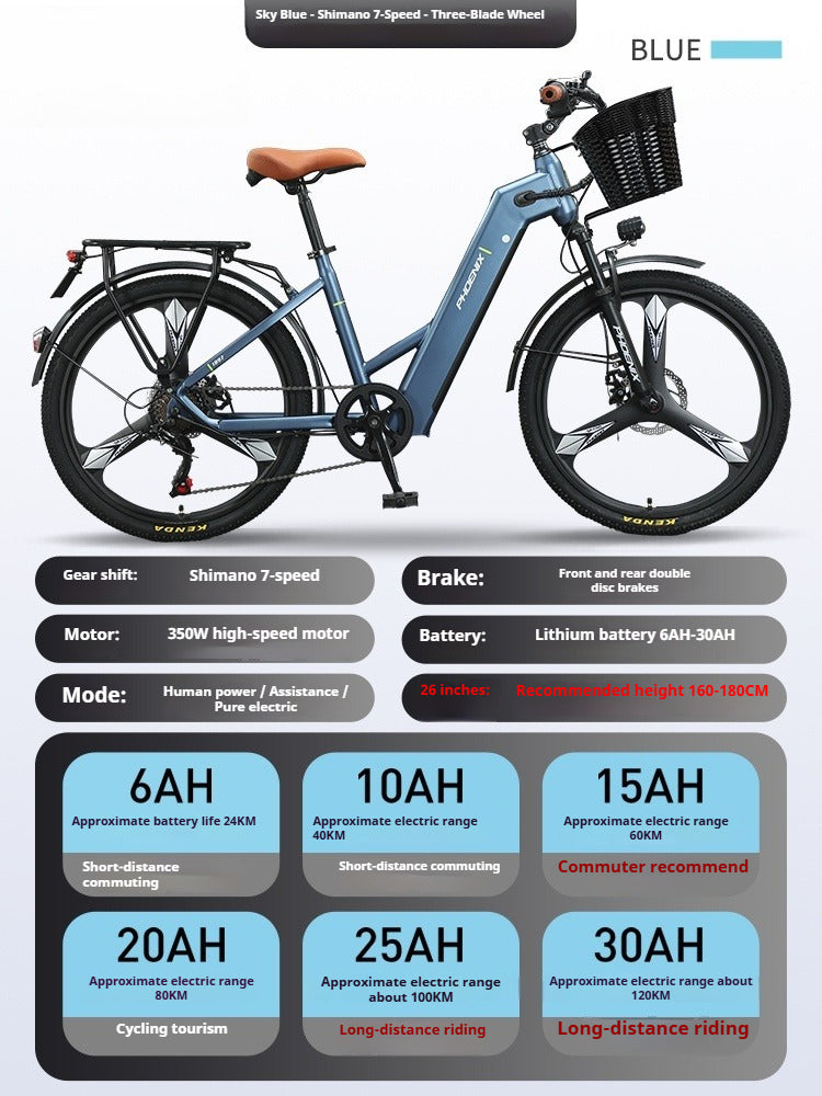 Electric Commuter Bike for Adults – 25Ah Lithium Battery, 7-Speed, 3-Spoke Wheels, Pedal Assist