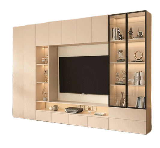 Solid Wood TV Cabinet Set – Cream-Style All-in-One Media Wall Unit with Storage for Living Room