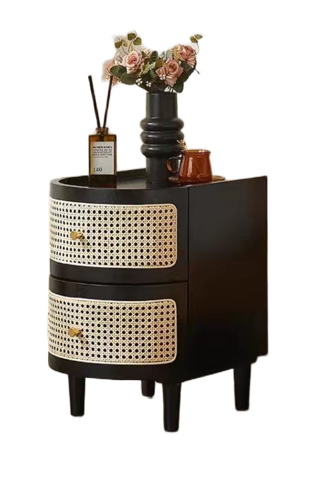Vintage Japanese-Style Bedside Table – Solid Wood Nightstand with Rattan Design for Bedroom Storage
