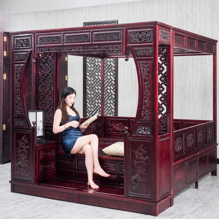 Traditional Chinese Canopy Bed – Antique-Style Carved Rosewood Step Bed in Red Pear or Wood