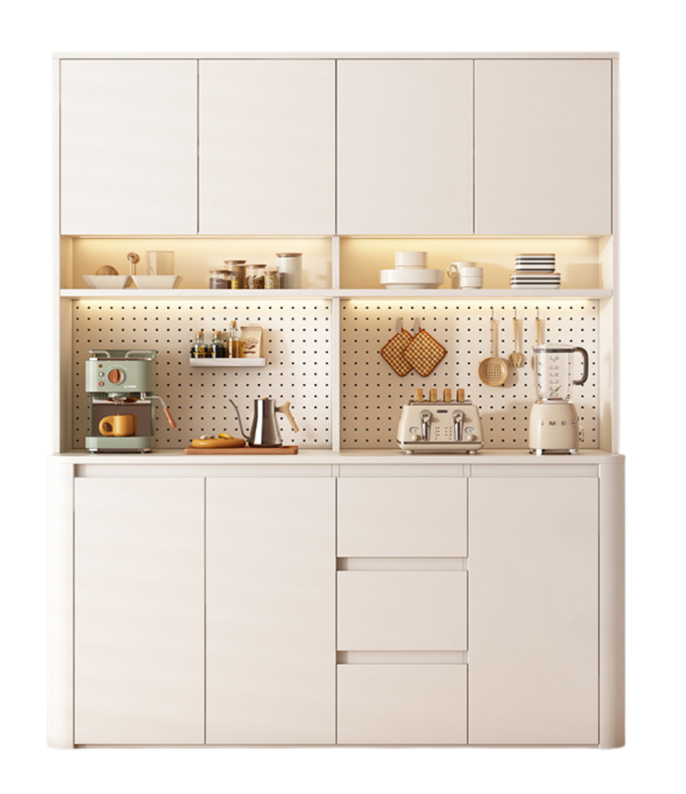 Cream-Style Rounded Corner Sideboard – Wall-Mounted Wooden Wine & Storage Cabinet with Pegboard for Kitchen or Living Room