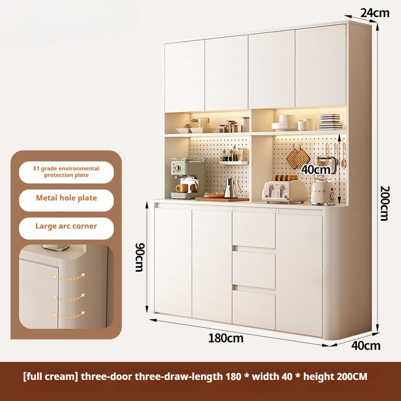 Cream-Style Rounded Corner Sideboard – Wall-Mounted Wooden Wine & Storage Cabinet with Pegboard for Kitchen or Living Room