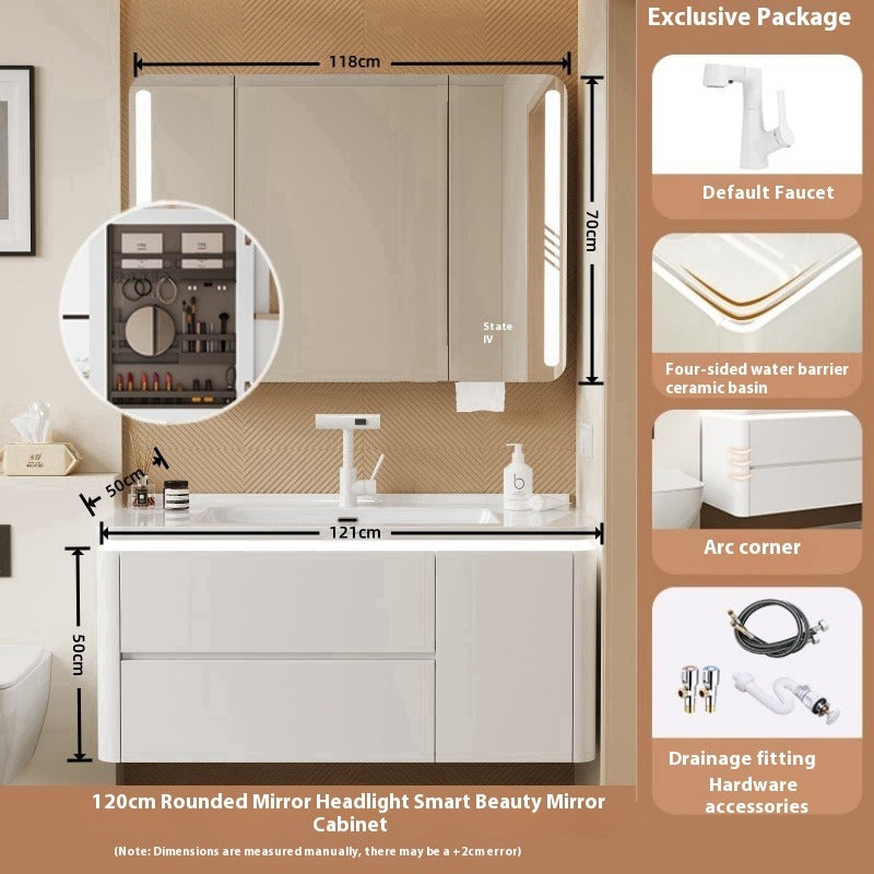 Cream-Style Oak Bathroom Vanity – Ceramic Integrated Basin Cabinet Set for Modern Bathrooms