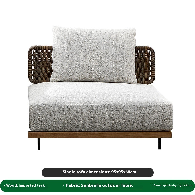 Outdoor Teak & Rattan Sofa Set with Coffee Table, Sunbrella Fabric & Quick-Dry Foam for Villa Garden & Patio
