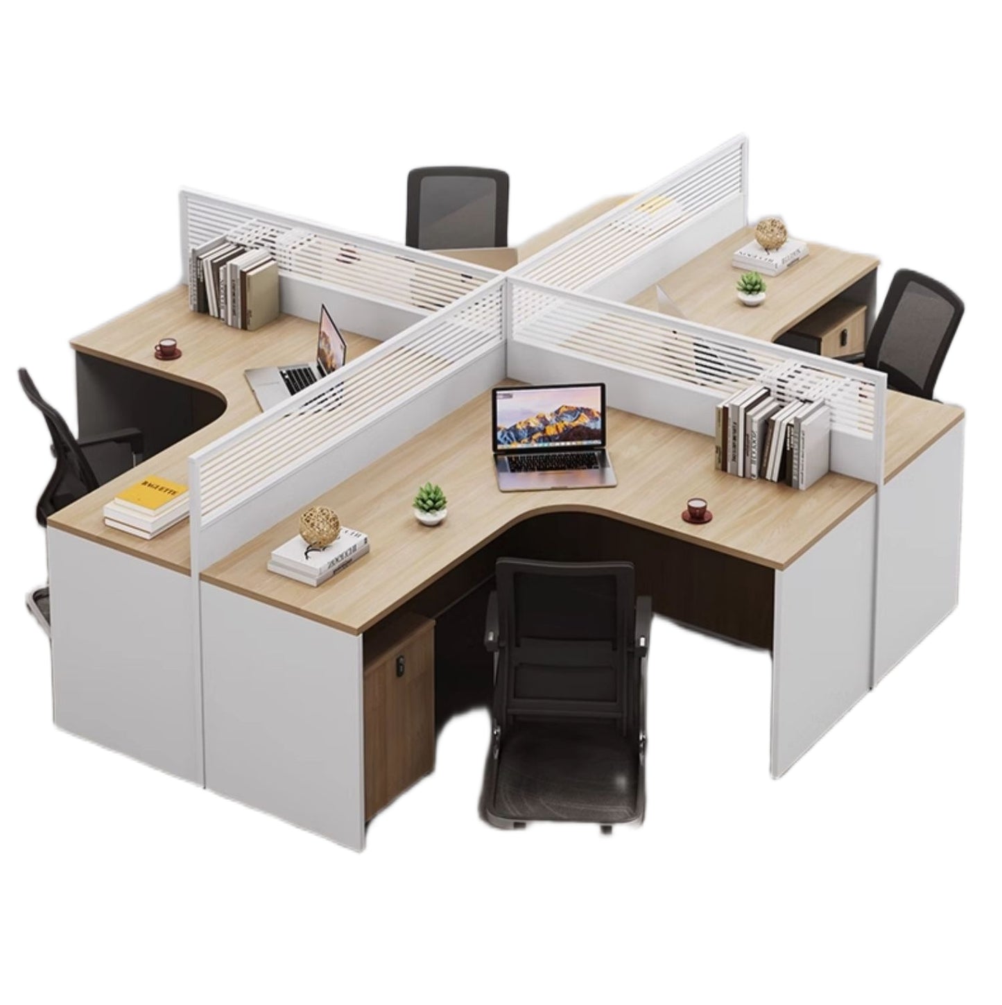 Cross-Shaped Office Workstation with Partition Panels & Desk Chair Set for Multiple Employees