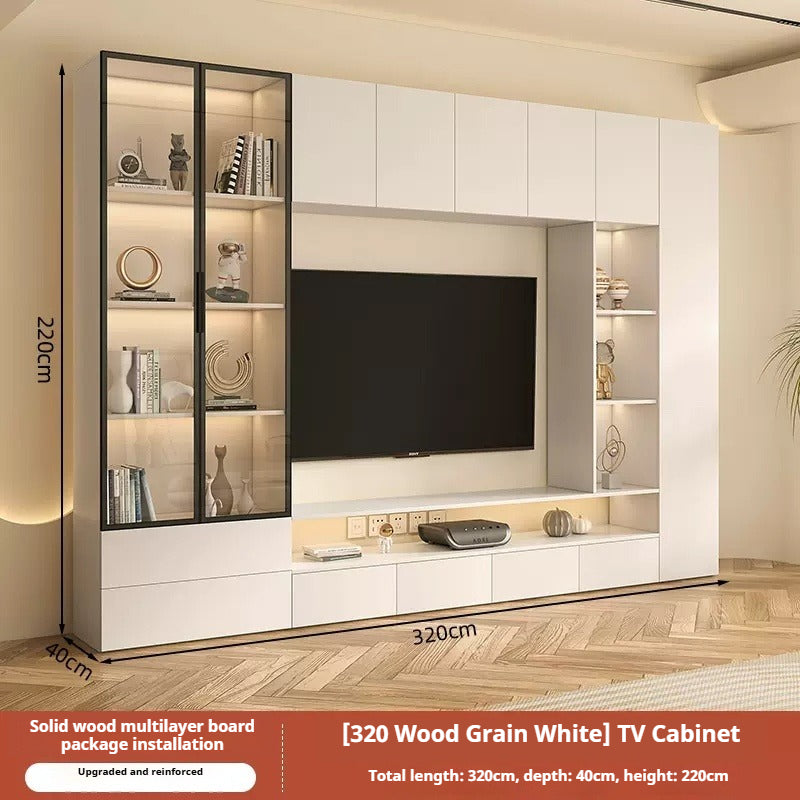 Solid Wood TV Cabinet Set – Cream-Style All-in-One Media Wall Unit with Storage for Living Room