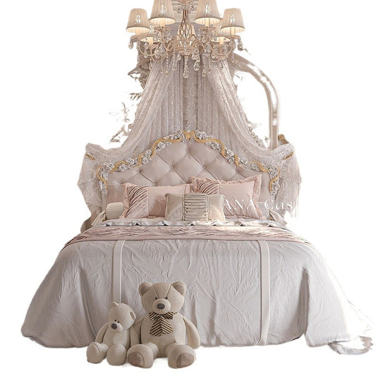 Elegant French-Style Solid Wood Princess Bed with Carved Details for Master Bedroom