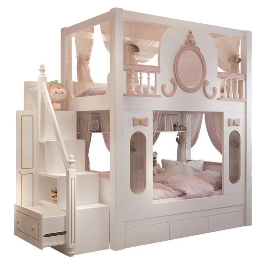 Elegant Pink Castle Bunk Bed with Slide and High Guardrails for Girls - New