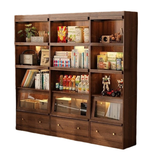 Walnut Glass Door Bookshelf with LED – Modular Dustproof Floor Cabinet for Home Display & Storage