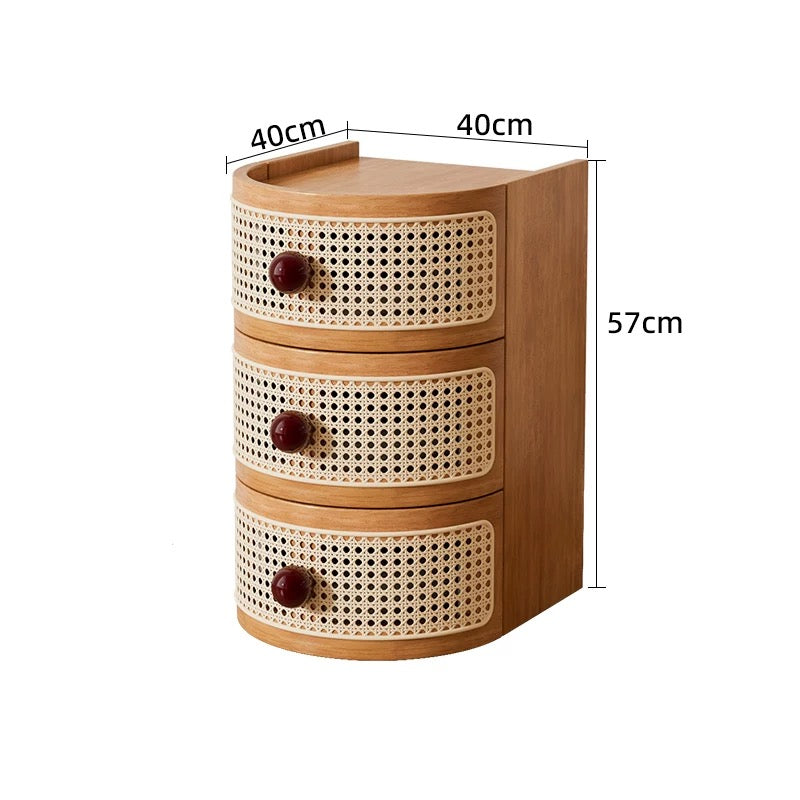 Vintage Japanese-Style Bedside Table – Solid Wood Nightstand with Rattan Design for Bedroom Storage