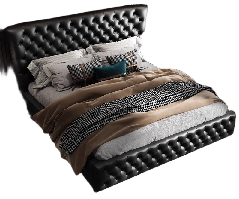 Elegant Vintage-Style King Size Tufted Leather Bed Set with 2 Nightstands and Latex Mattresses