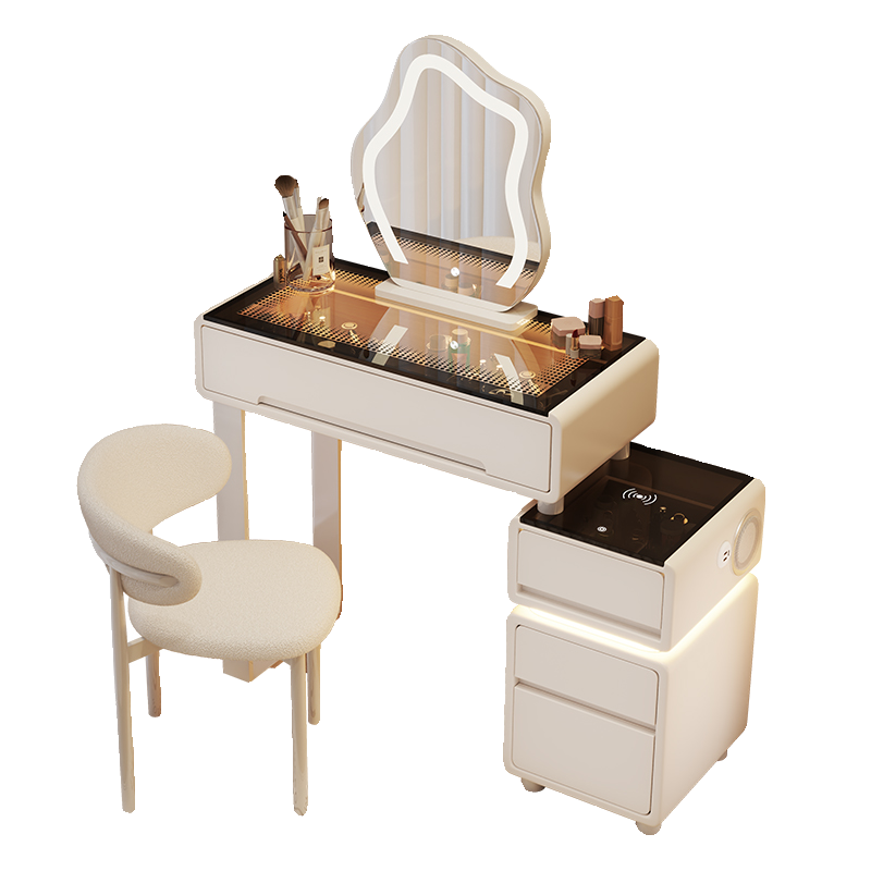 Cream Style Vanity with Cloud Mirror & Integrated Dresser for Small Modern Bedrooms