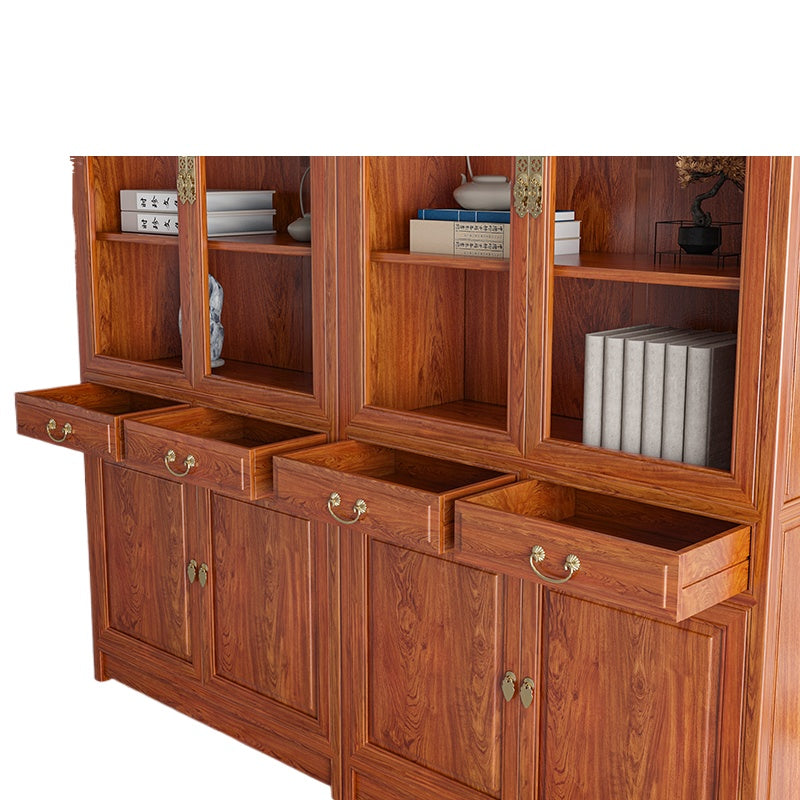 Chinese-Style Solid Wood Bookshelf - Elm Carved Storage Cabinet with Doors for Study or Office