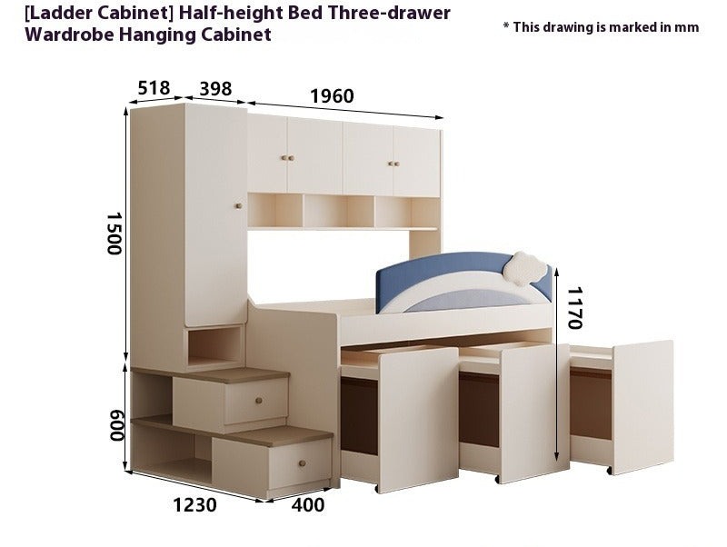 Elegant Kids Half-Height Bunk Bed with Desk, Bookshelf, and Storage - New