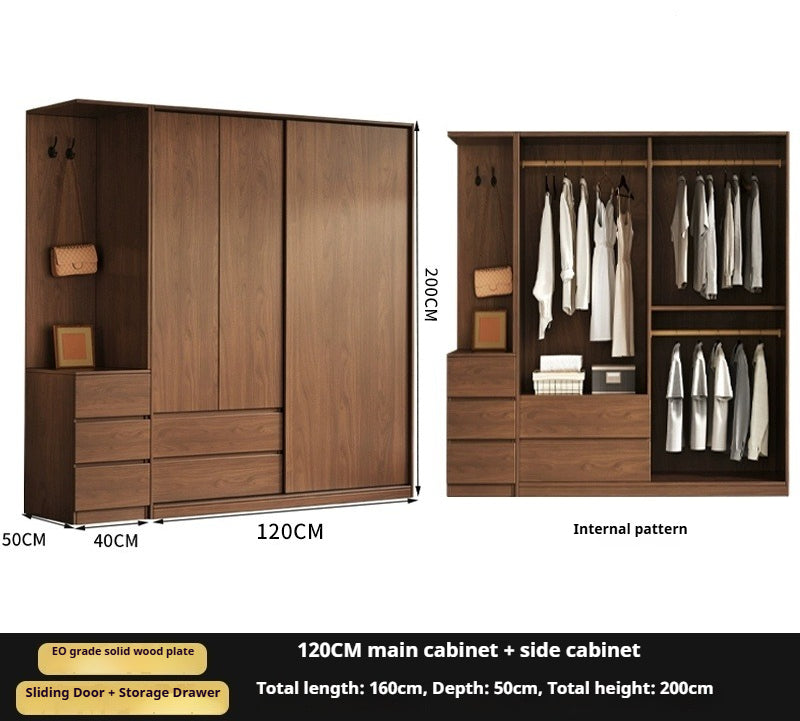 Walnut Sliding Door Wardrobe – Solid Wood Closet for Bedroom Storage & Kids' Clothes