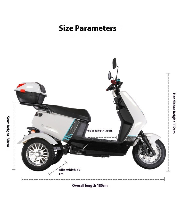 Electric Tricycle for Women – Compact Lithium Battery Family Scooter for Child Pickup, Long Range, Front Disc & Rear Drum Brakes