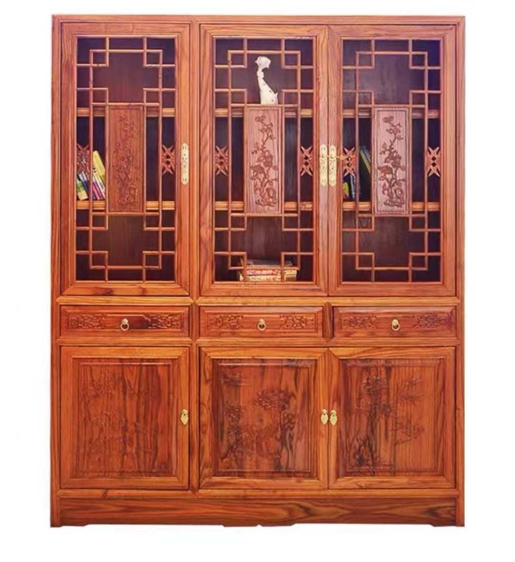 Chinese-Style Elm Wood Bookshelf – Antique Solid Wood Storage Cabinet for Living Room, Study & Office, No Glass Doors