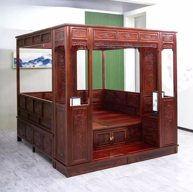 Traditional Chinese Canopy Bed – Antique-Style Carved Rosewood Step Bed in Red Pear or Wood