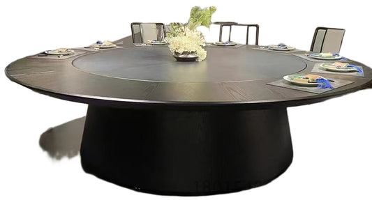 Electric Round Dining Table with Sintered Stone Lazy Susan & Solid Wood Base for Hotel Private Rooms