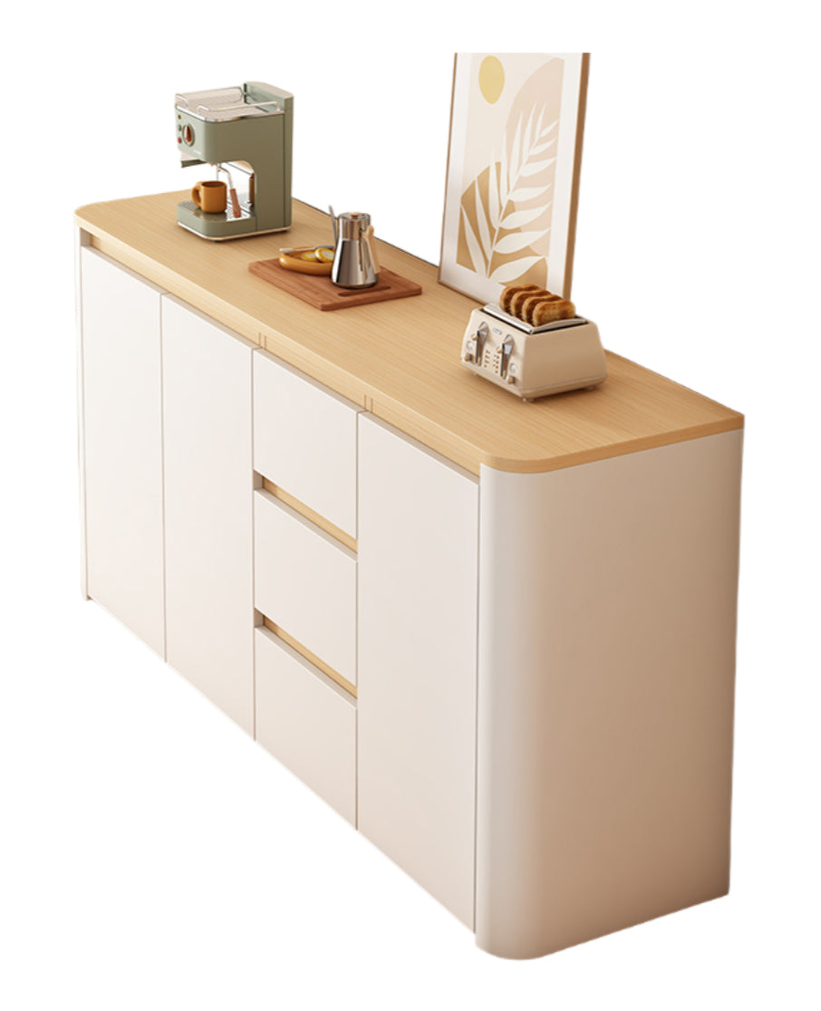 Cream-Style Rounded Corner Sideboard – Wall-Mounted Wooden Wine & Storage Cabinet with Pegboard for Kitchen or Living Room