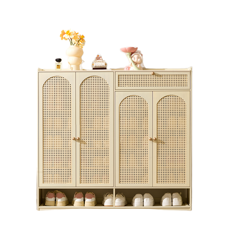 Cream-Style Entryway Shoe Cabinet – All-in-One Ventilated Storage with Mesh Doors for Living Room Divider Use