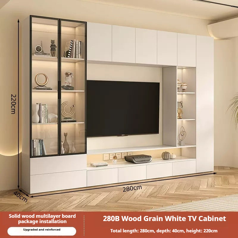Solid Wood TV Cabinet Set – Cream-Style All-in-One Media Wall Unit with Storage for Living Room