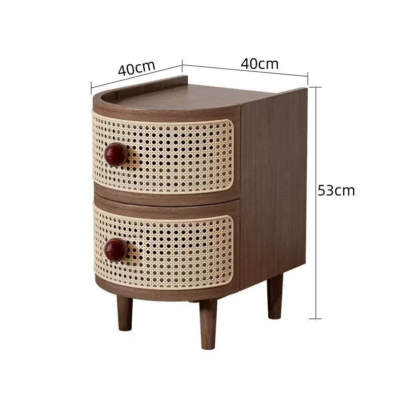 Vintage Japanese-Style Bedside Table – Solid Wood Nightstand with Rattan Design for Bedroom Storage
