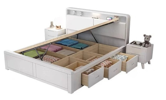 Nordic Solid Wood Storage Bed – White Frame with Drawers & Latex Spring Mattress for Small Bedrooms