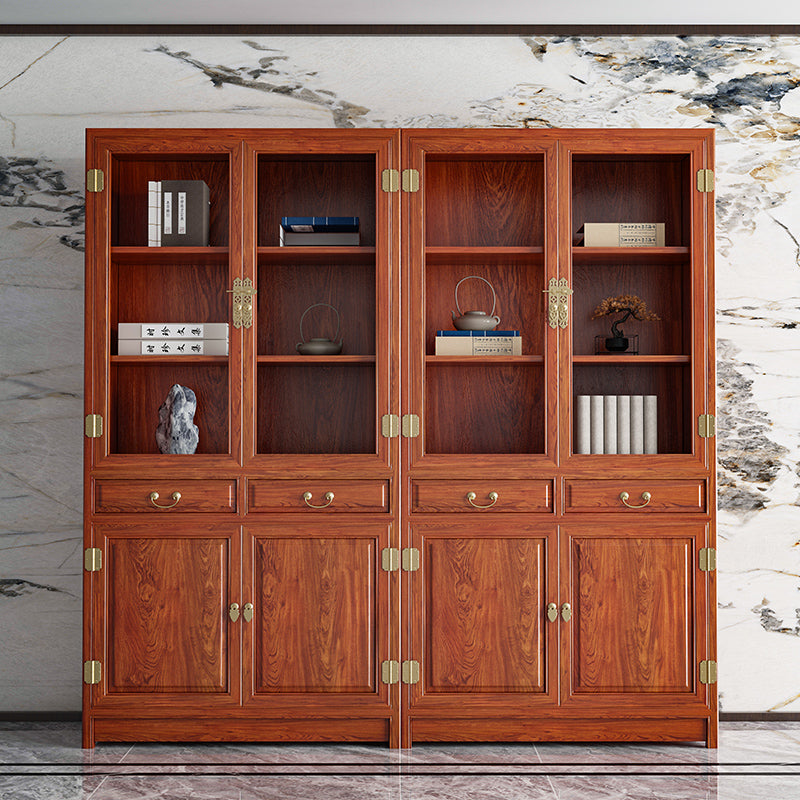 Chinese-Style Solid Wood Bookshelf - Elm Carved Storage Cabinet with Doors for Study or Office