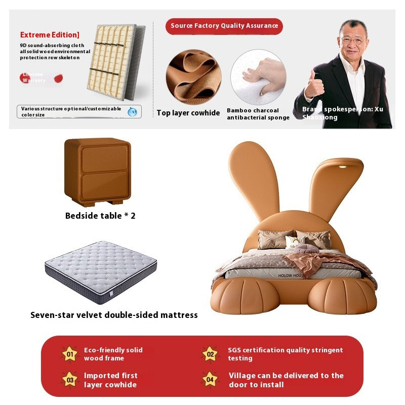 New Elegant Rabbit-Shaped Velvet Bed with Double-Sided Mattress and Headboard